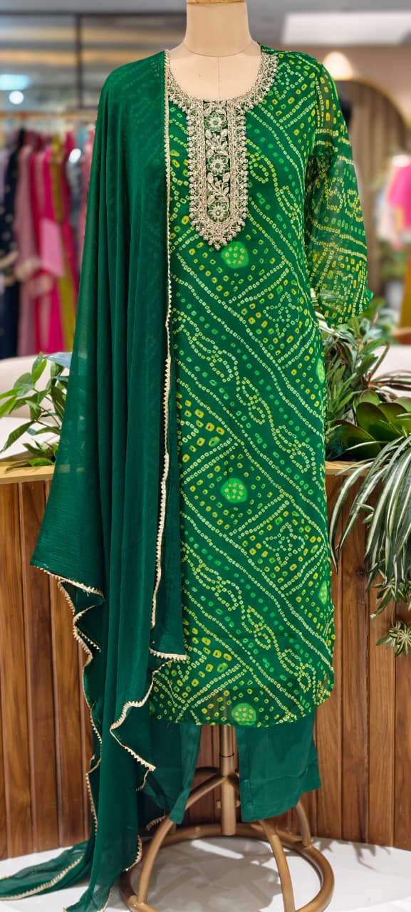Georgette Bandhani Print Embroidered Full Suit Set with Dupatta And Bottom- 15482