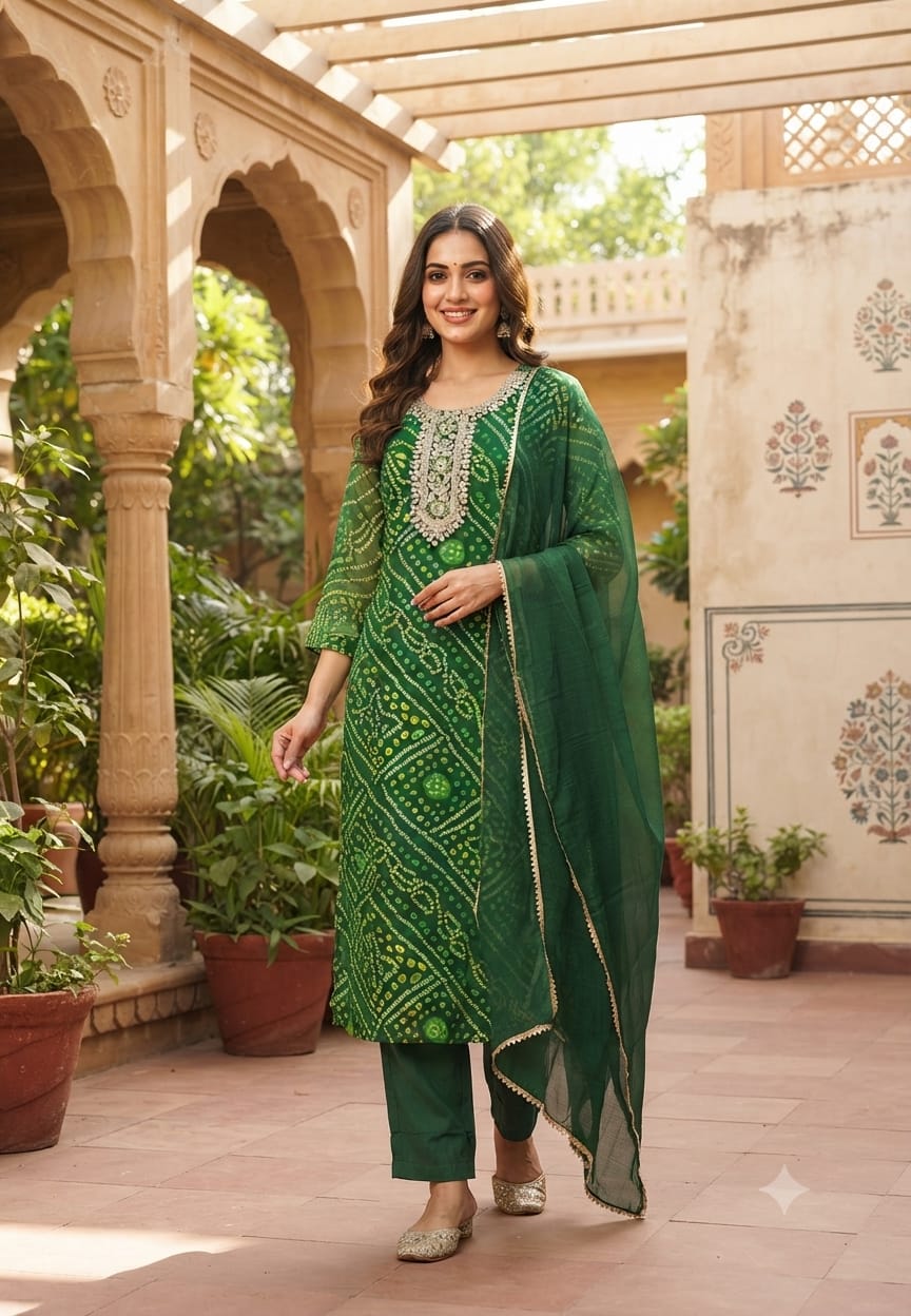 Georgette Bandhani Print Embroidered Full Suit Set with Dupatta And Bottom- 15482