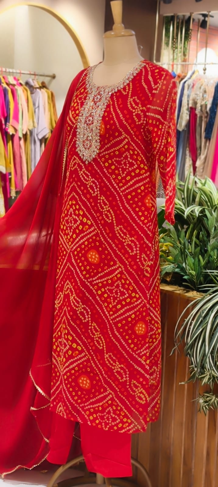 Georgette Bandhani Print Embroidered Full Suit Set with Dupatta And Bottom- 15482