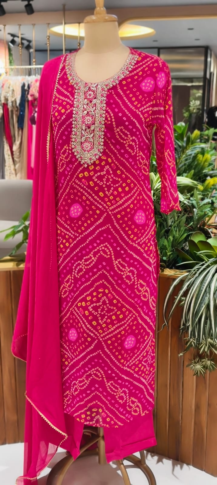 Georgette Bandhani Print Embroidered Full Suit Set with Dupatta And Bottom- 15482