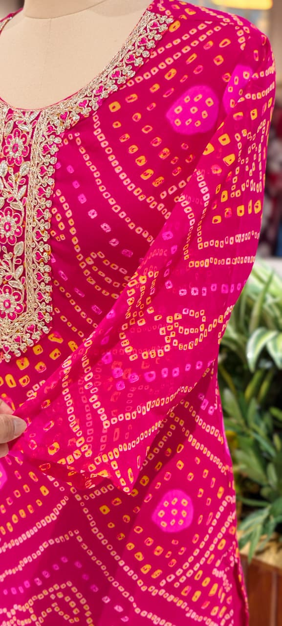 Georgette Bandhani Print Embroidered Full Suit Set with Dupatta And Bottom- 15482