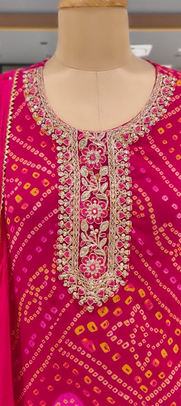 Georgette Bandhani Print Embroidered Full Suit Set with Dupatta And Bottom- 15482