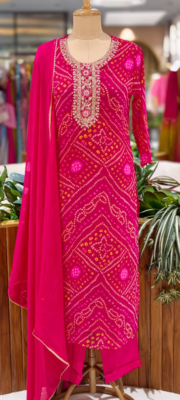 Georgette Bandhani Print Embroidered Full Suit Set with Dupatta And Bottom- 15482