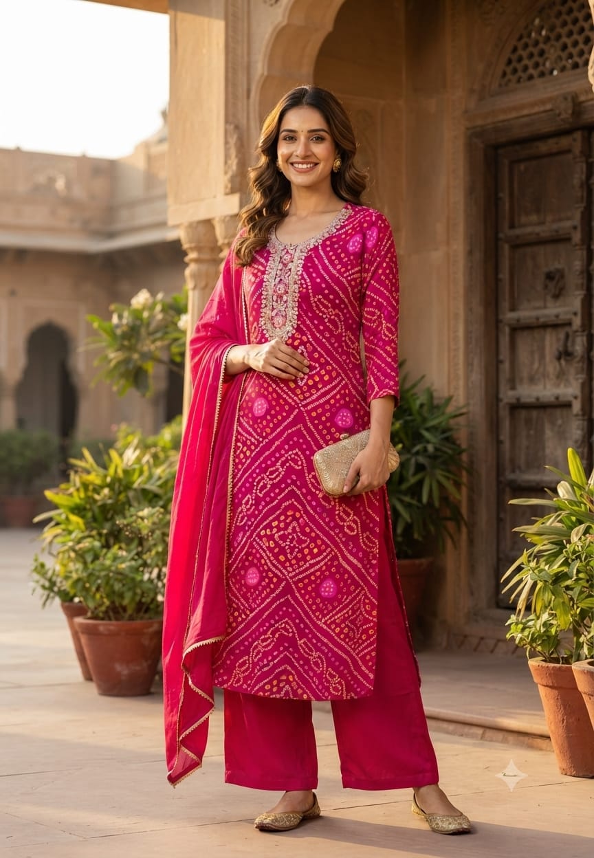 Georgette Bandhani Print Embroidered Full Suit Set with Dupatta And Bottom- 15482