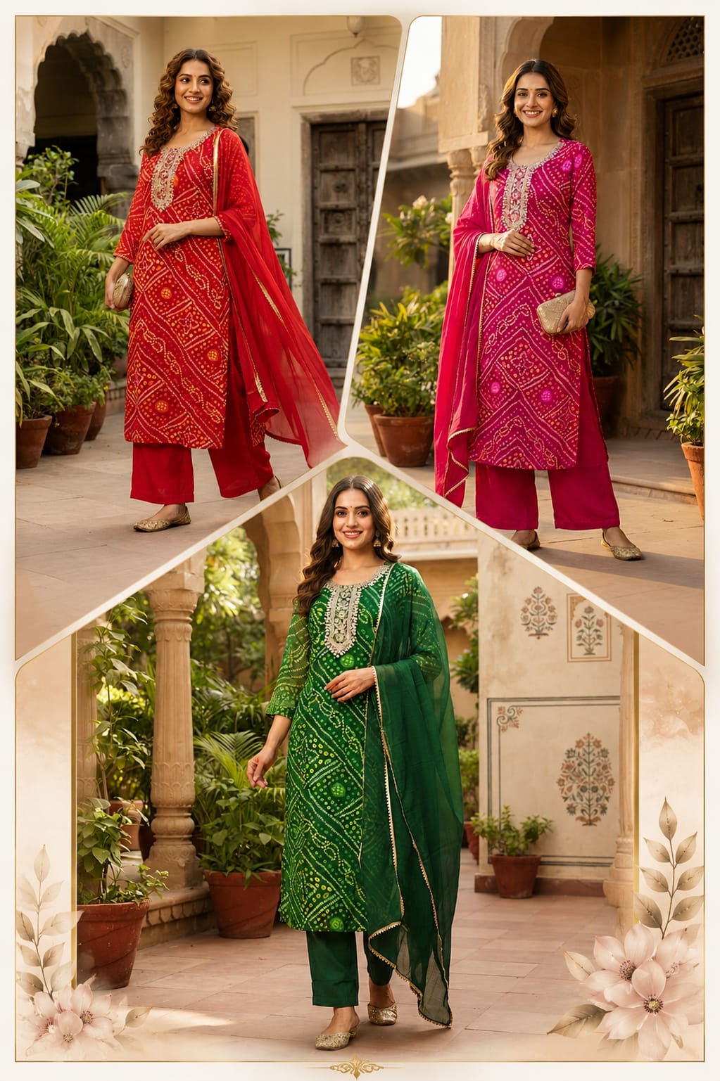 Georgette Bandhani Print Embroidered Full Suit Set with Dupatta And Bottom- 15482
