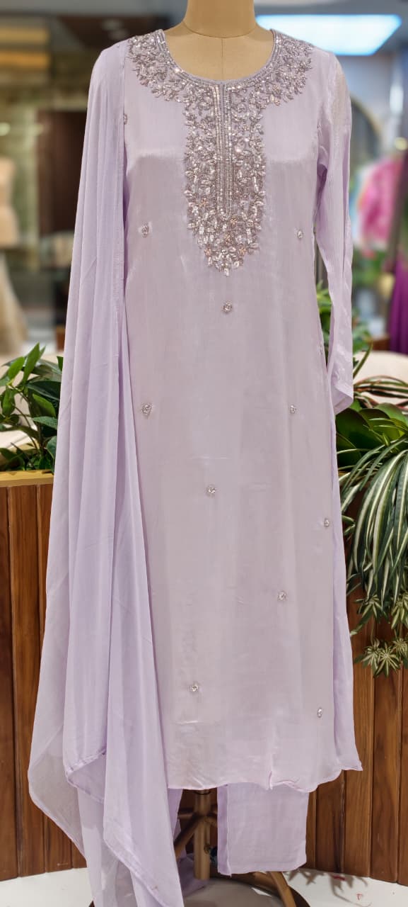 Elegant Embroidered Yoke Pastel Inspired Chinon A-Line Full Suit Set With Dupatta- 15502
