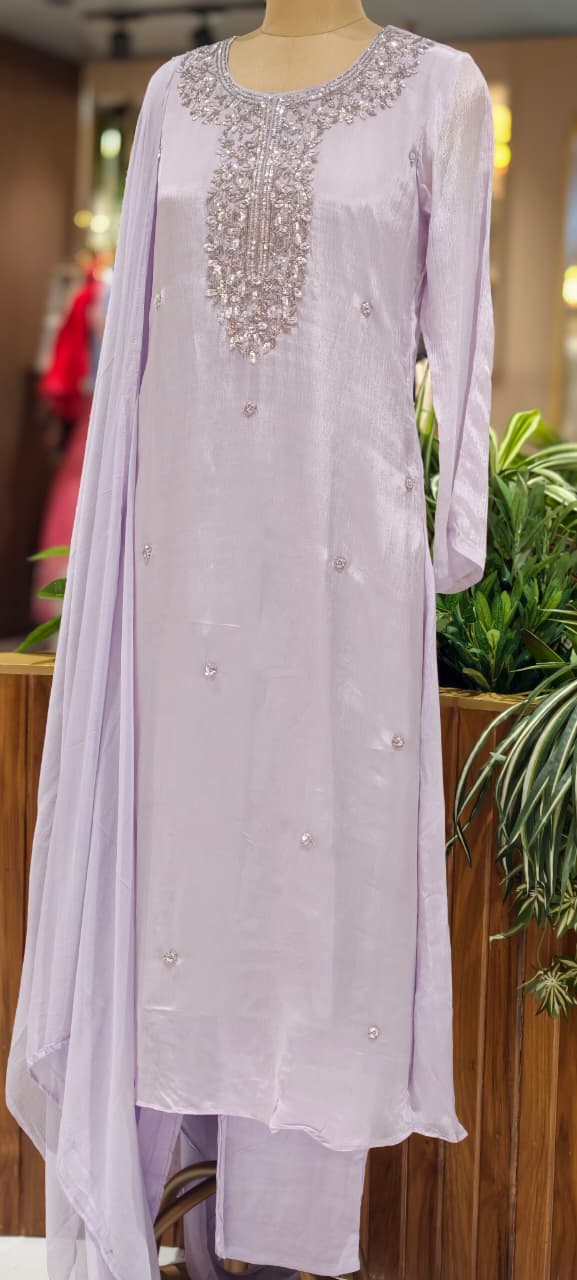 Elegant Embroidered Yoke Pastel Inspired Chinon A-Line Full Suit Set With Dupatta- 15502