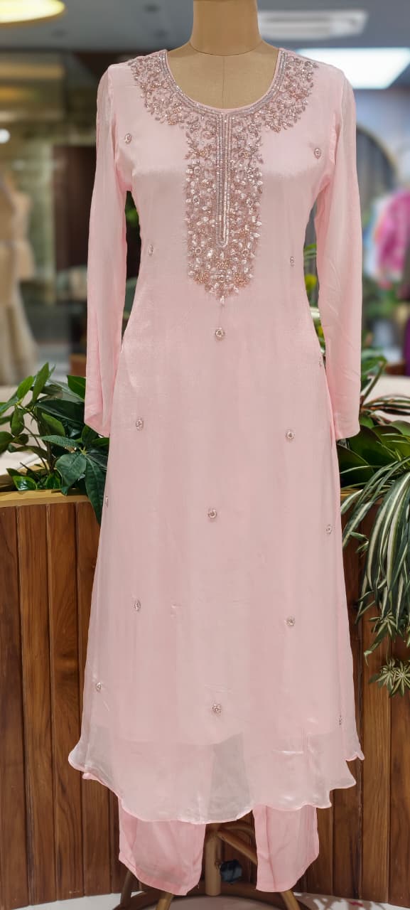Elegant Embroidered Yoke Pastel Inspired Chinon A-Line Full Suit Set With Dupatta- 15502