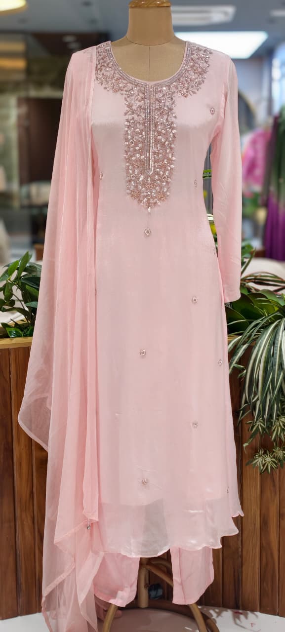 Elegant Embroidered Yoke Pastel Inspired Chinon A-Line Full Suit Set With Dupatta- 15502