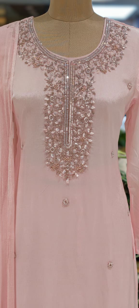 Elegant Embroidered Yoke Pastel Inspired Chinon A-Line Full Suit Set With Dupatta- 15502