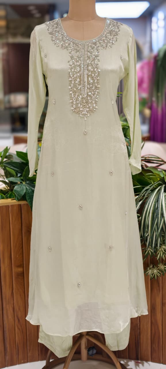 Elegant Embroidered Yoke Pastel Inspired Chinon A-Line Full Suit Set With Dupatta- 15502