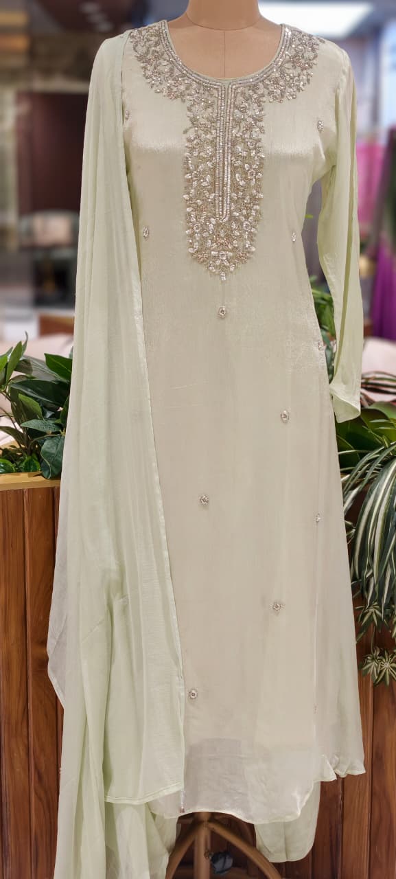 Elegant Embroidered Yoke Pastel Inspired Chinon A-Line Full Suit Set With Dupatta- 15502