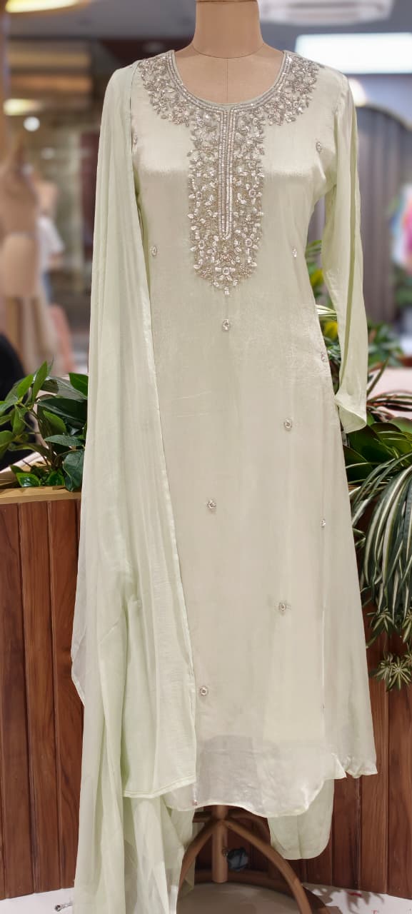 Elegant Embroidered Yoke Pastel Inspired Chinon A-Line Full Suit Set With Dupatta- 15502