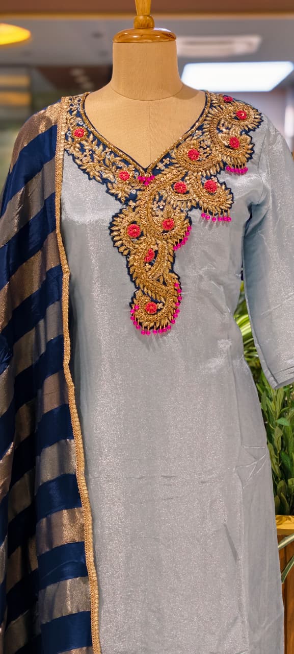 Beads Embellished Royal Zardosi Work Tissue Full Suit Set With Dupatta- 14028