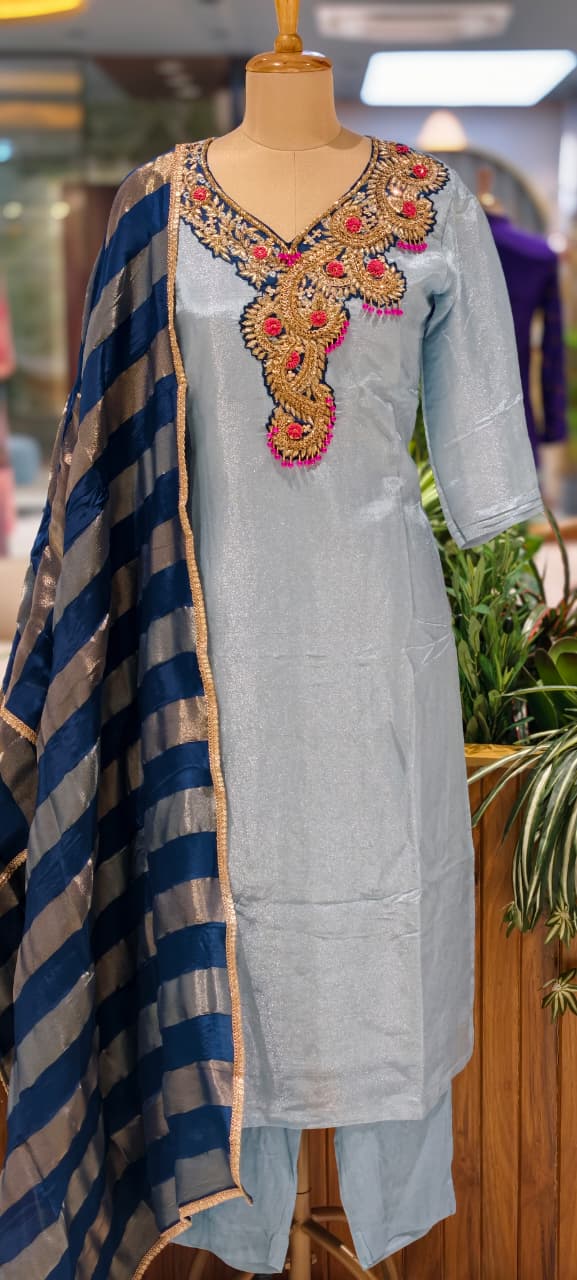 Beads Embellished Royal Zardosi Work Tissue Full Suit Set With Dupatta- 14028