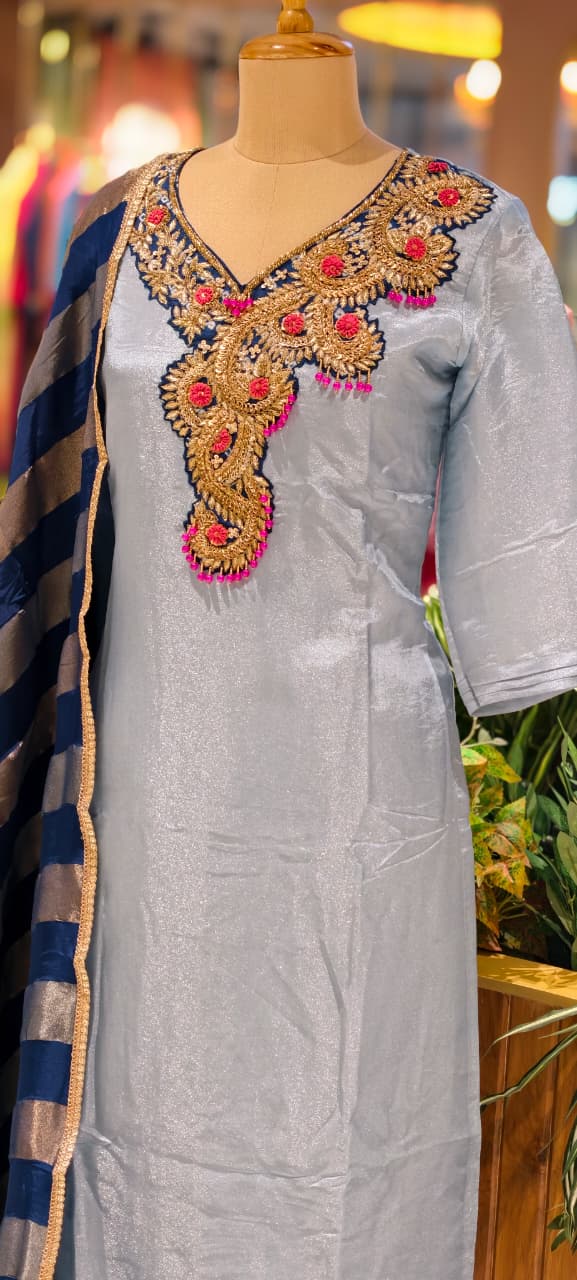 Beads Embellished Royal Zardosi Work Tissue Full Suit Set With Dupatta- 14028