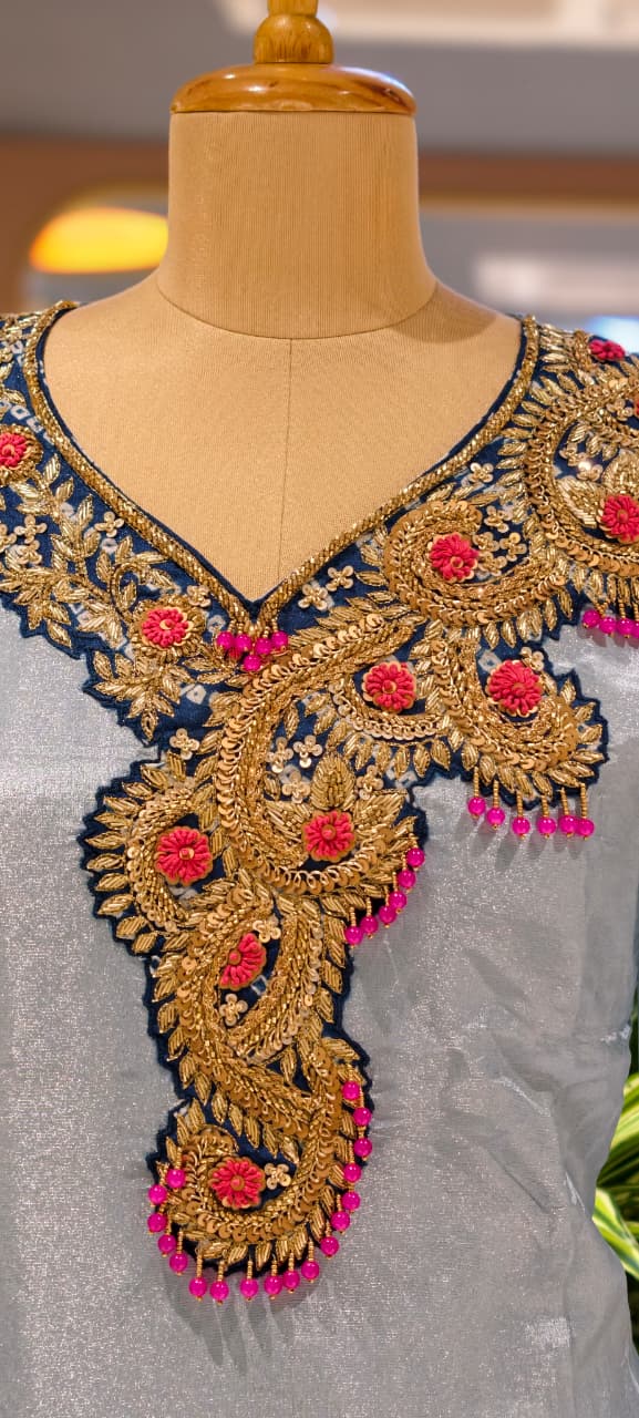 Beads Embellished Royal Zardosi Work Tissue Full Suit Set With Dupatta- 14028