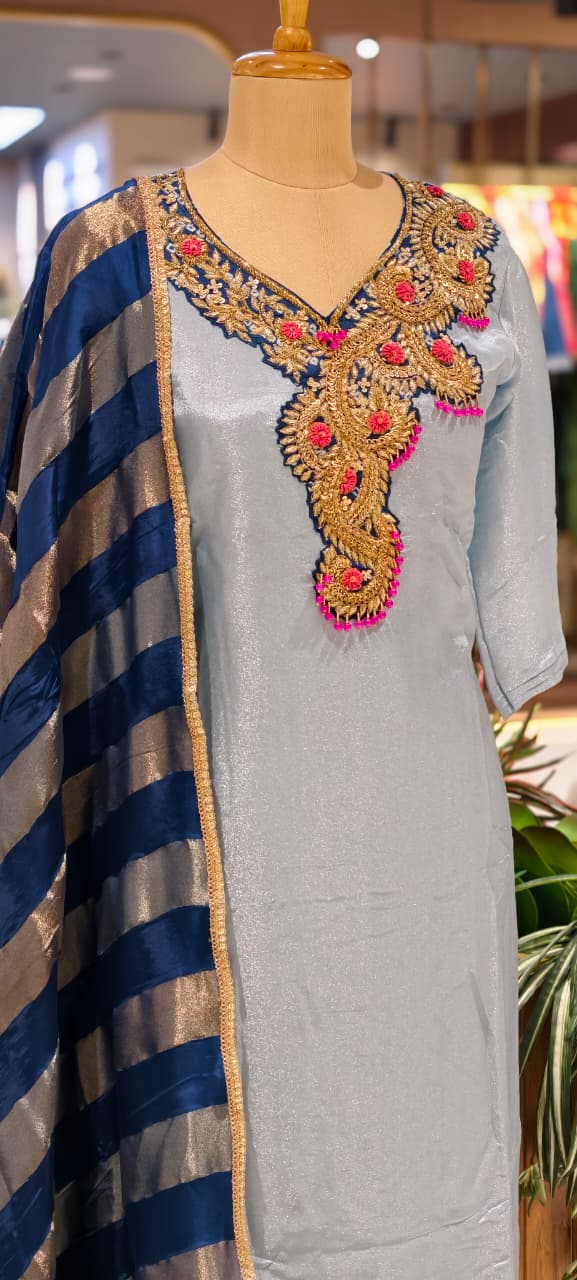 Beads Embellished Royal Zardosi Work Tissue Full Suit Set With Dupatta- 14028
