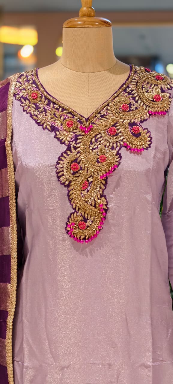 Beads Embellished Royal Zardosi Work Tissue Full Suit Set With Dupatta- 14028