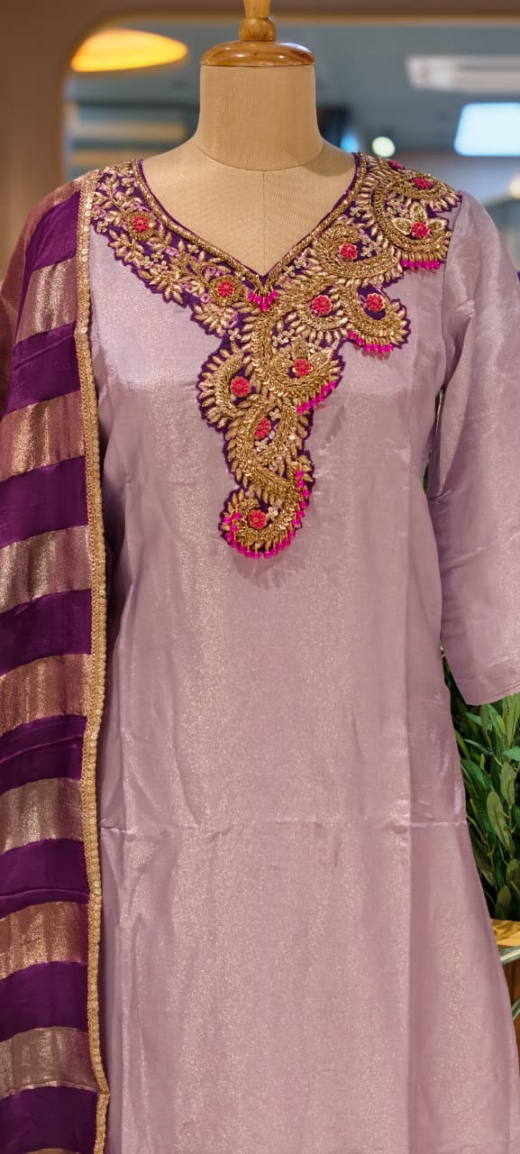 Beads Embellished Royal Zardosi Work Tissue Full Suit Set With Dupatta- 14028