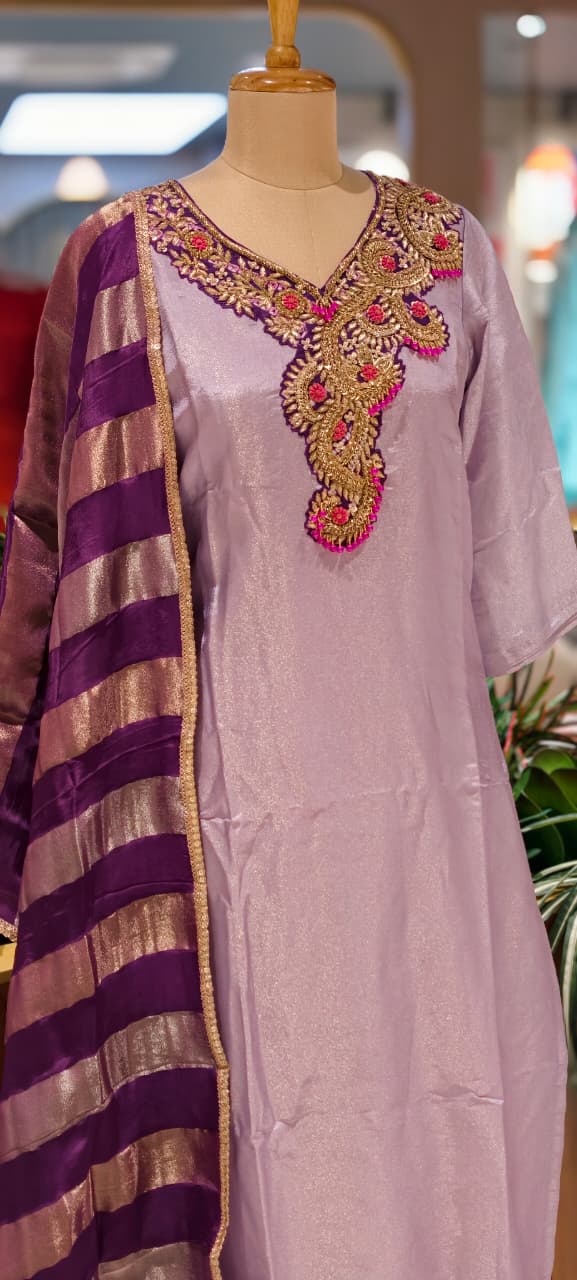 Beads Embellished Royal Zardosi Work Tissue Full Suit Set With Dupatta- 14028