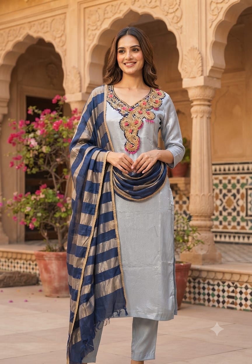 Beads Embellished Royal Zardosi Work Tissue Full Suit Set With Dupatta- 14028