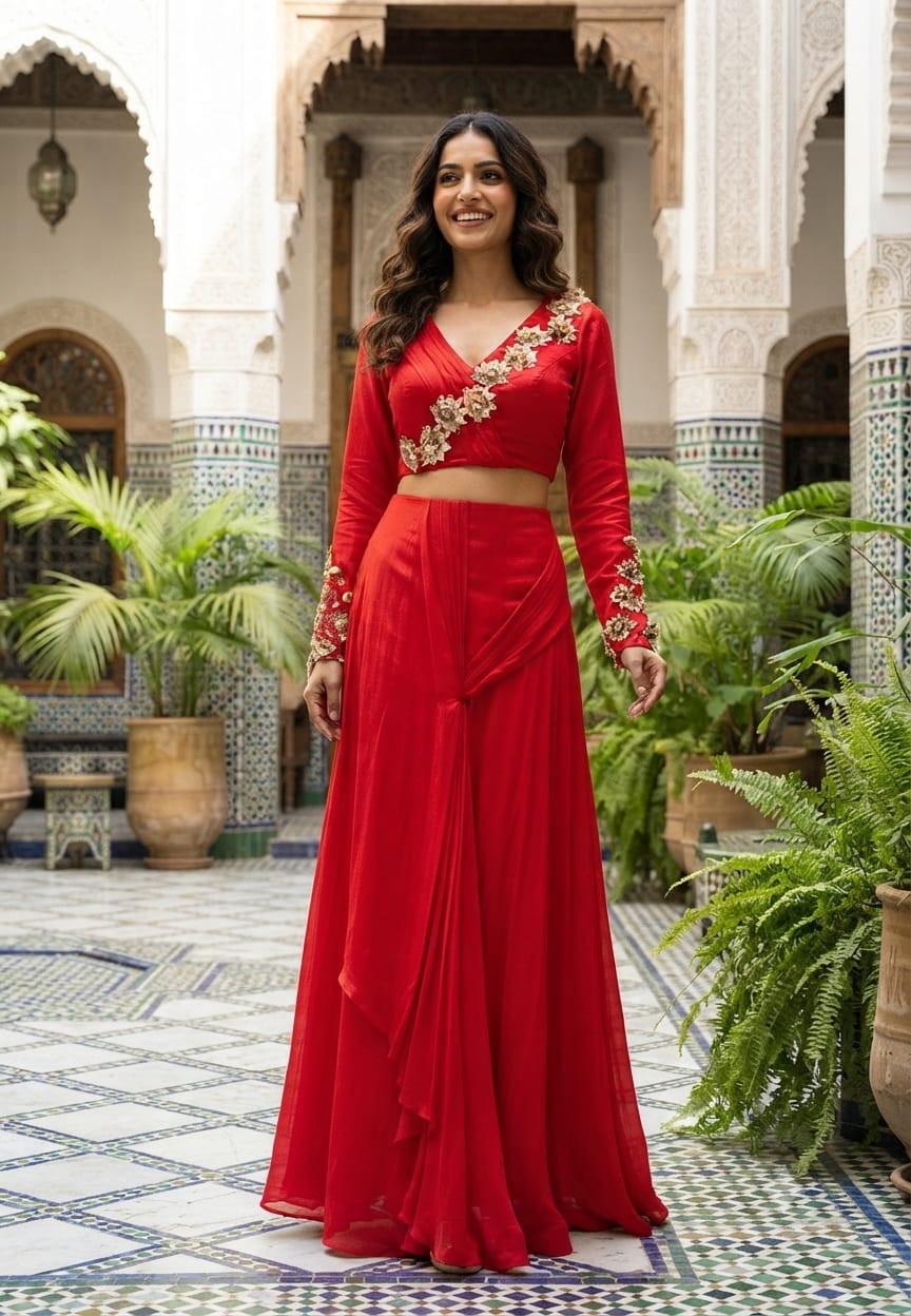 Stylish Golden Floral Popped Pleated Crop-Top With Flared Bottom Indo Wear- 15098