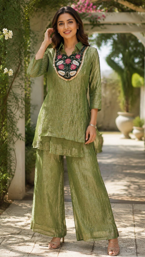 Beautiful Floral Higlights Yoke Double Layered Crush Tissue Co-Ord Set- 15514