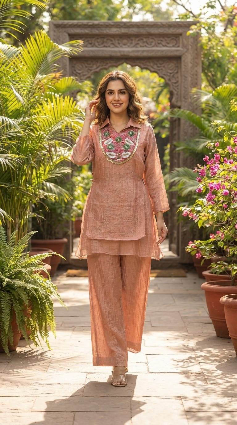 Beautiful Floral Higlights Yoke Duoble Layered Crush Tissue Co-Ord Set- 15514