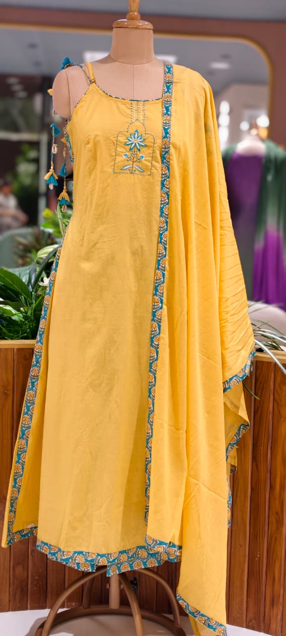 Noodle Strap Summer Style Embroidered Cotton Solid Full Suit Set With Printed Bottom- 15494