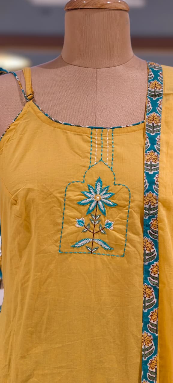 Noodle Strap Summer Style Embroidered Cotton Solid Full Suit Set With Printed Bottom- 15494