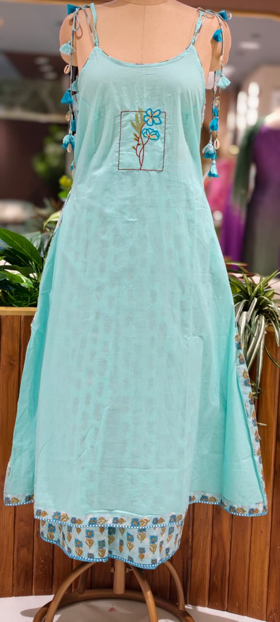 Noodle Strap Summer Style Embroidered Cotton Solid Full Suit Set With Printed Bottom- 15494