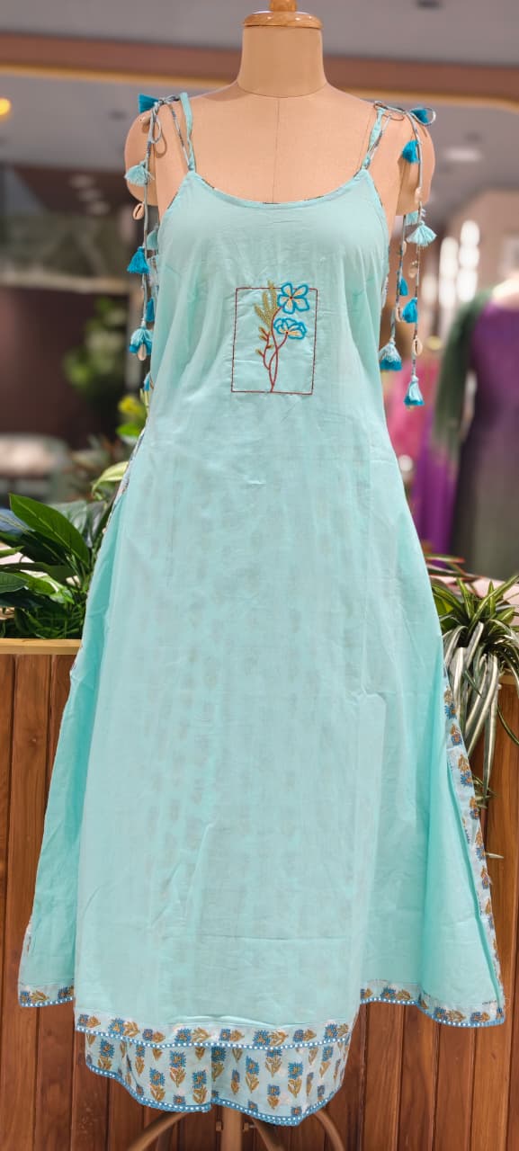 Noodle Strap Summer Style Embroidered Cotton Solid Full Suit Set With Printed Bottom- 15494