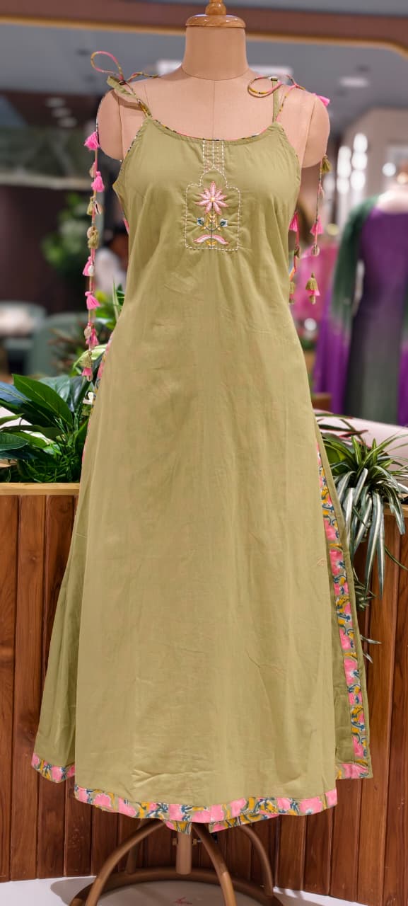 Noodle Strap Summer Style Embroidered Cotton Solid Full Suit Set With Printed Bottom- 15494