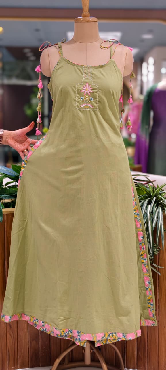 Noodle Strap Summer Style Embroidered Cotton Solid Full Suit Set With Printed Bottom- 15494
