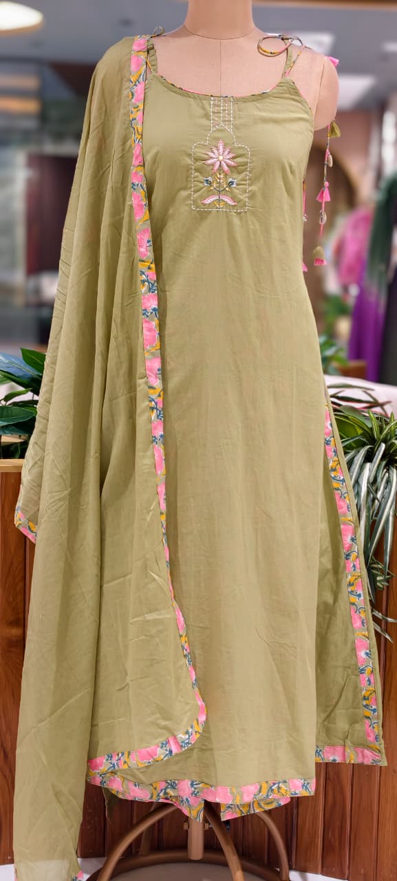 Noodle Strap Summer Style Embroidered Cotton Solid Full Suit Set With Printed Bottom- 15494