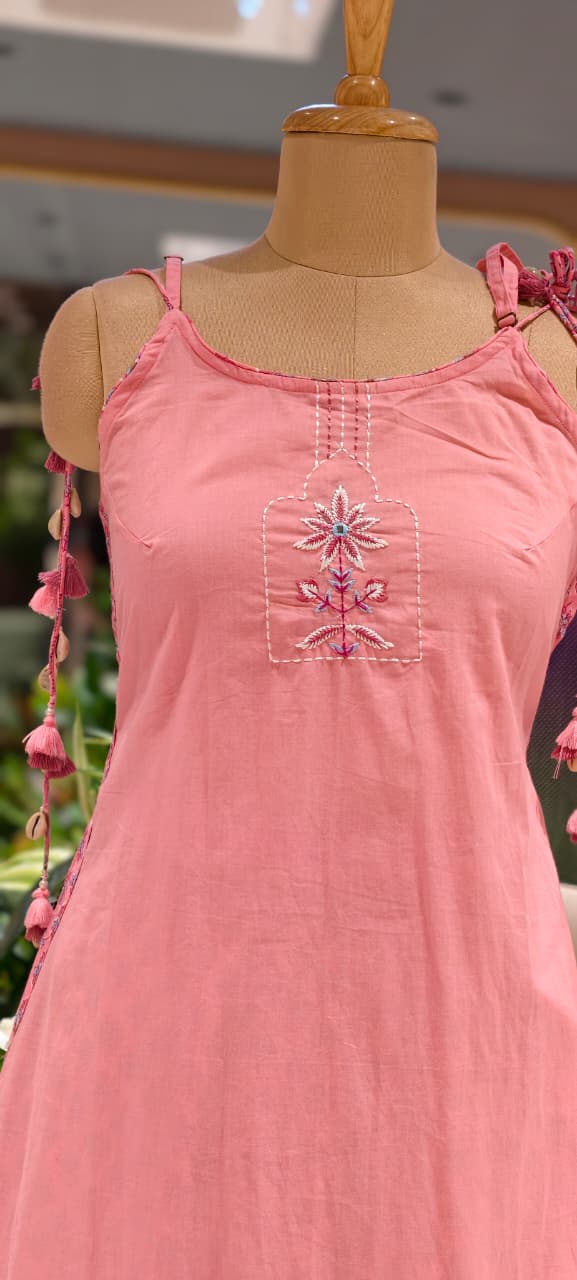 Noodle Strap Summer Style Embroidered Cotton Solid Full Suit Set With Printed Bottom- 15494