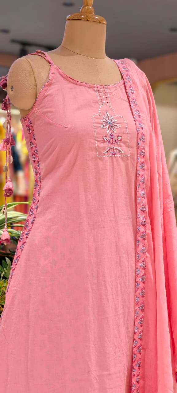 Noodle Strap Summer Style Embroidered Cotton Solid Full Suit Set With Printed Bottom- 15494