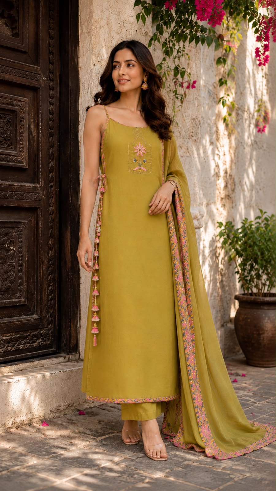 Noodle Strap Summer Style Embroidered Cotton Solid Full Suit Set With Printed Bottom- 15494