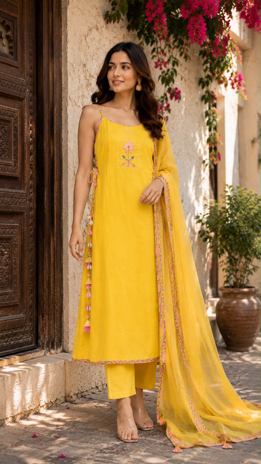 Noodle Strap Summer Style Embroidered Cotton Solid Full Suit Set With Printed Bottom- 15494