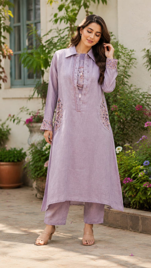 Beads Embellished Stunning Inner Attach Look A-Line Kurta With Bottom In Jute Fabric- 15088