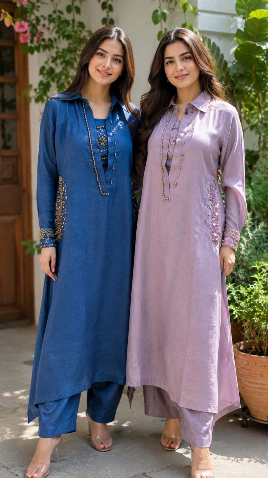 Beads Embellished Stunning Inner Attach Look A-Line Kurta With Bottom In Jute Fabric- 15088