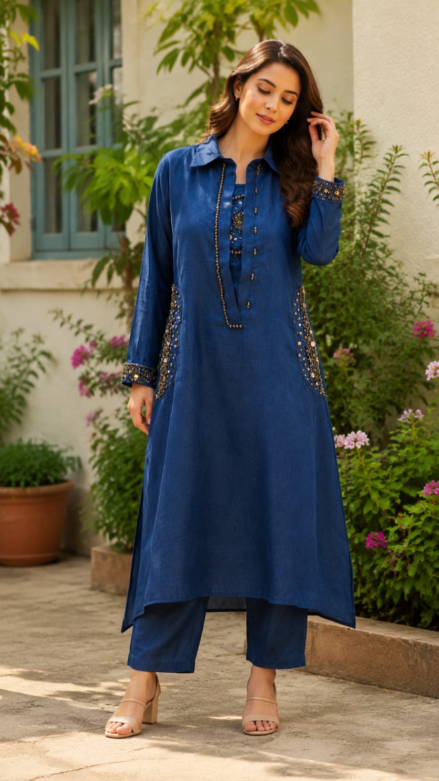 Beads Embellished Stunning Inner Attach Look A-Line Kurta With Bottom In Jute Fabric- 15088
