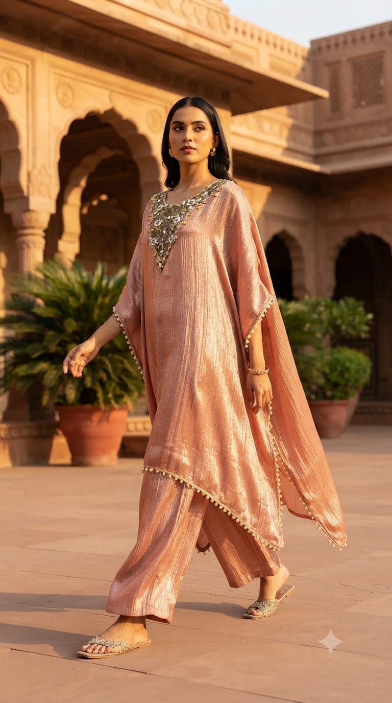 Antique Beads With Sequin Yoke Shiny Crush Tissue Pearl Embellished Bordered Kaftan With Loose Palazzo Bottom- 15529