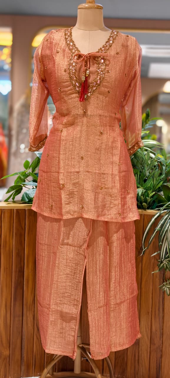 Front Tie-Up Tassel Sequin Detailing Shimmer Crush Tissue Co-Ord Set- 15526