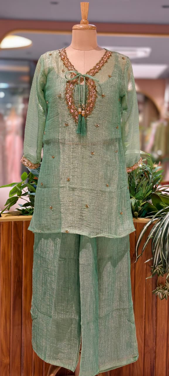 Front Tie-Up Tassel Sequin Detailing Shimmer Crush Tissue Co-Ord Set- 15526