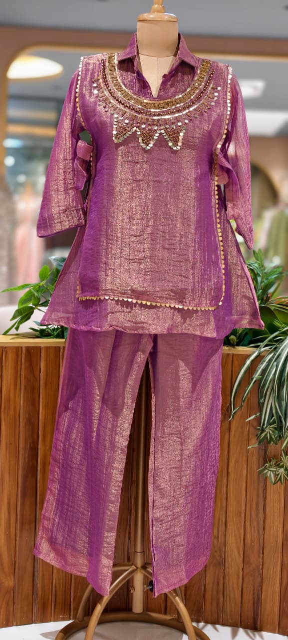 Embellished Shimmer Outer With Collared Matching Co-Ord Set In Crush Tissue Fabric- 15530