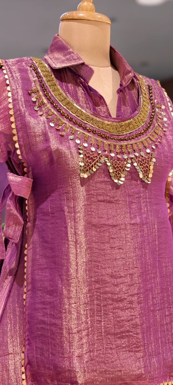 Embellished Shimmer Outer With Collared Matching Co-Ord Set In Crush Tissue Fabric- 15530