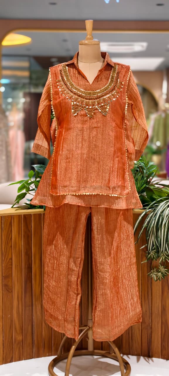 Embellished Shimmer Outer With Collared Matching Co-Ord Set In Crush Tissue Fabric- 15530