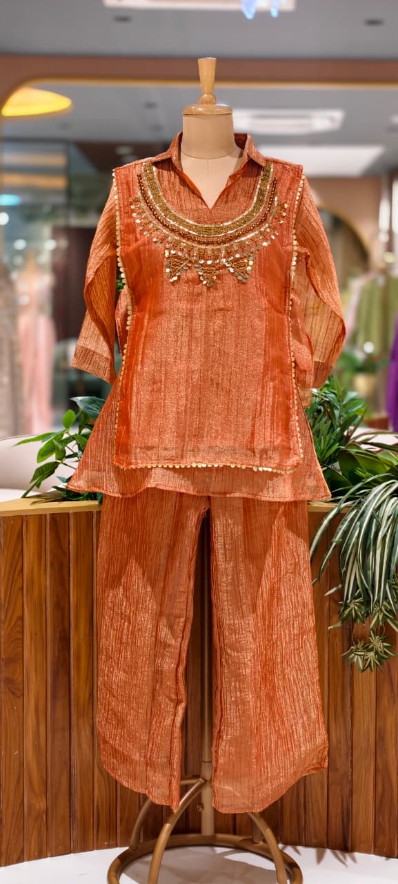 Embellished Shimmer Outer With Collared Matching Co-Ord Set In Crush Tissue Fabric- 15530